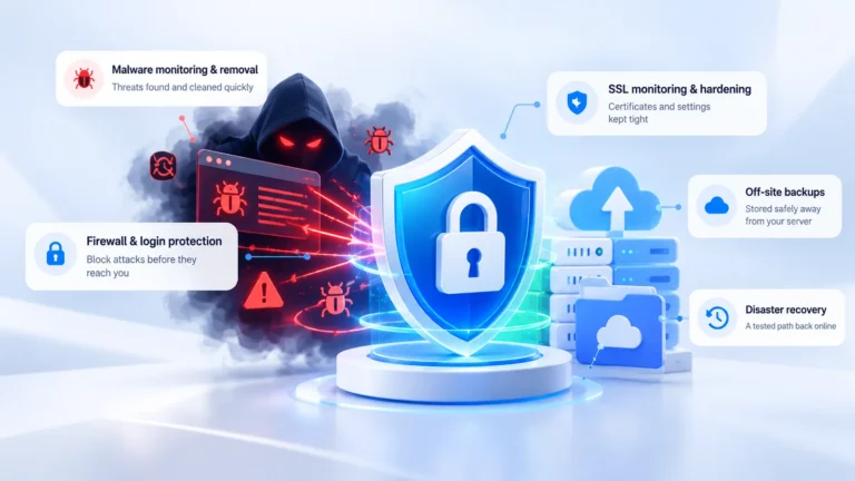 Shield blocking malware attacks, with firewall, SSL, off-site backup and disaster recovery labels