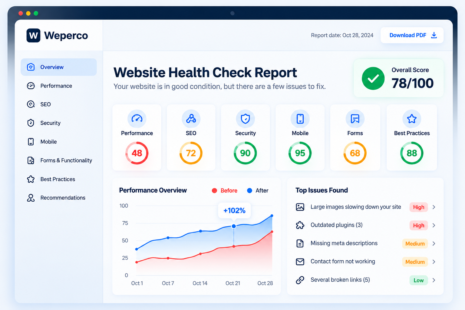 Website Health Check report showing scores for performance, SEO, security, mobile, forms and best practices