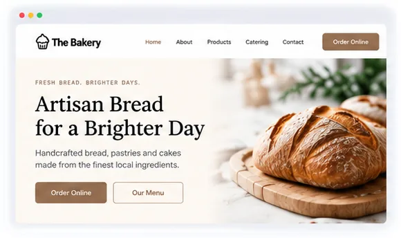 Example bakery website after the redesign: bright, modern hero with clear Order Online buttons